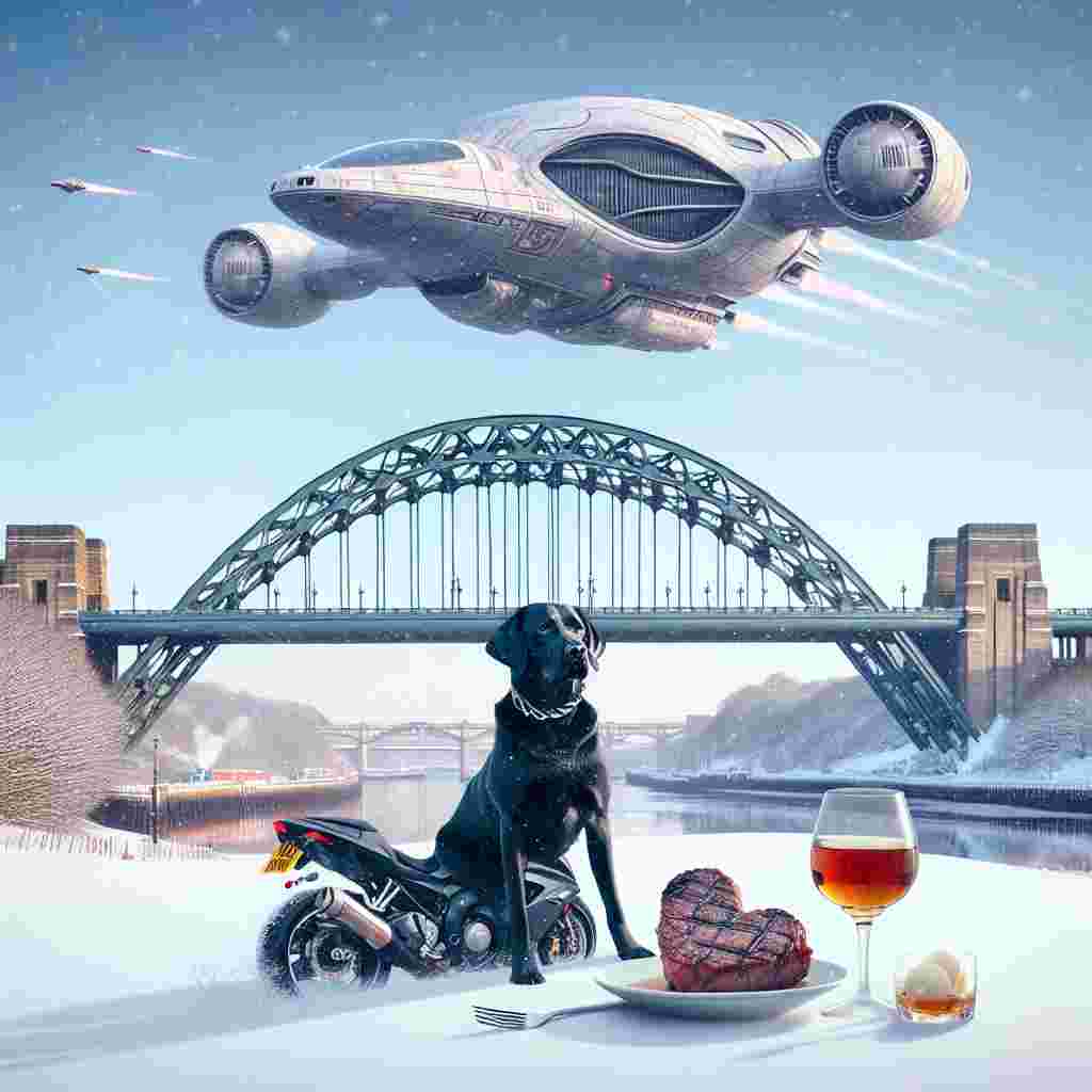 Envision a winter scenery on Valentine's Day where a courageous black Labrador is enjoying a ride across the snow-covered landscape on a sleek sports motorbike. The Tyne Bridge reaches across the setting, its majestic silhouette highlighted against the snowflakes softly falling. Soaring in the sky, a spaceship reminiscent of a science fiction series breezes past, creating a playful juxtaposition with the peaceful setup. At the heart of this scenario, there's a romantic element: a heart-shaped piece of steak accompanied by a glass of aged whiskey, placed next to a tantalizing scoop of vanilla ice cream. This creates a pleasing balance of warmth and chill, presenting a humorously abstract commemoration of love.
Generated with these themes: Black Labrador riding sports motorbike, Tyne bridge, X wing, Snow, Heart shaped steak, Whiskey, and Vanilla ice cream.
Made with ❤️ by AI.