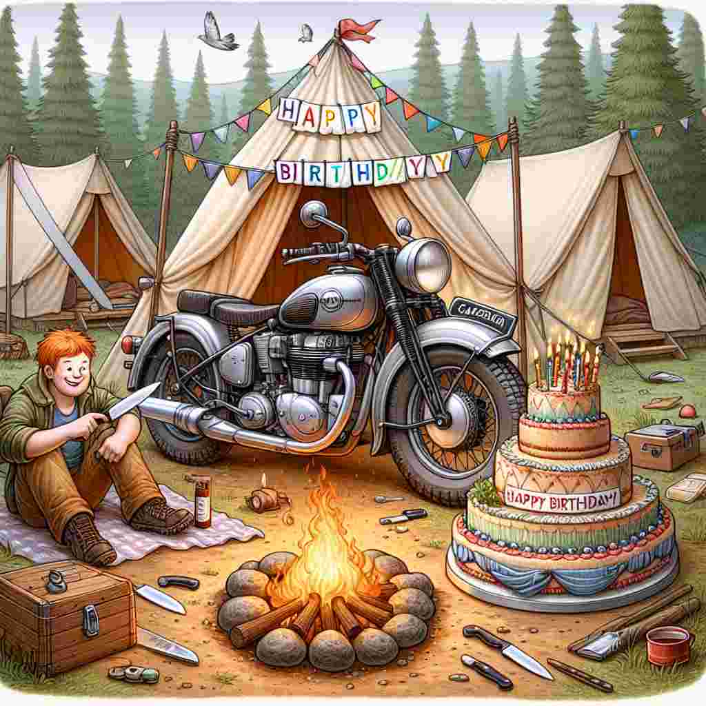 Illustrate a charming and amusing birthday scene in a campsite involving a ginger-haired Caucasian man, who brings to life the essence of outdoor adventures. His cherished motorcycle sits in the heart of the camp, humorously decorated with streamers and a 'Happy Birthday' placard. Surrounding the tents and a crackling campfire, he holds a set of knives. However, these are not for the purpose of survival but for the more urgent affair of skilfully slicing a multi-tiered cake shaped like his motorcycle, to the amusement and enjoyment of his mixed-descent camping friends.
Generated with these themes: Ginger haired man , Camping , Motorbike , and Knives .
Made with ❤️ by AI.