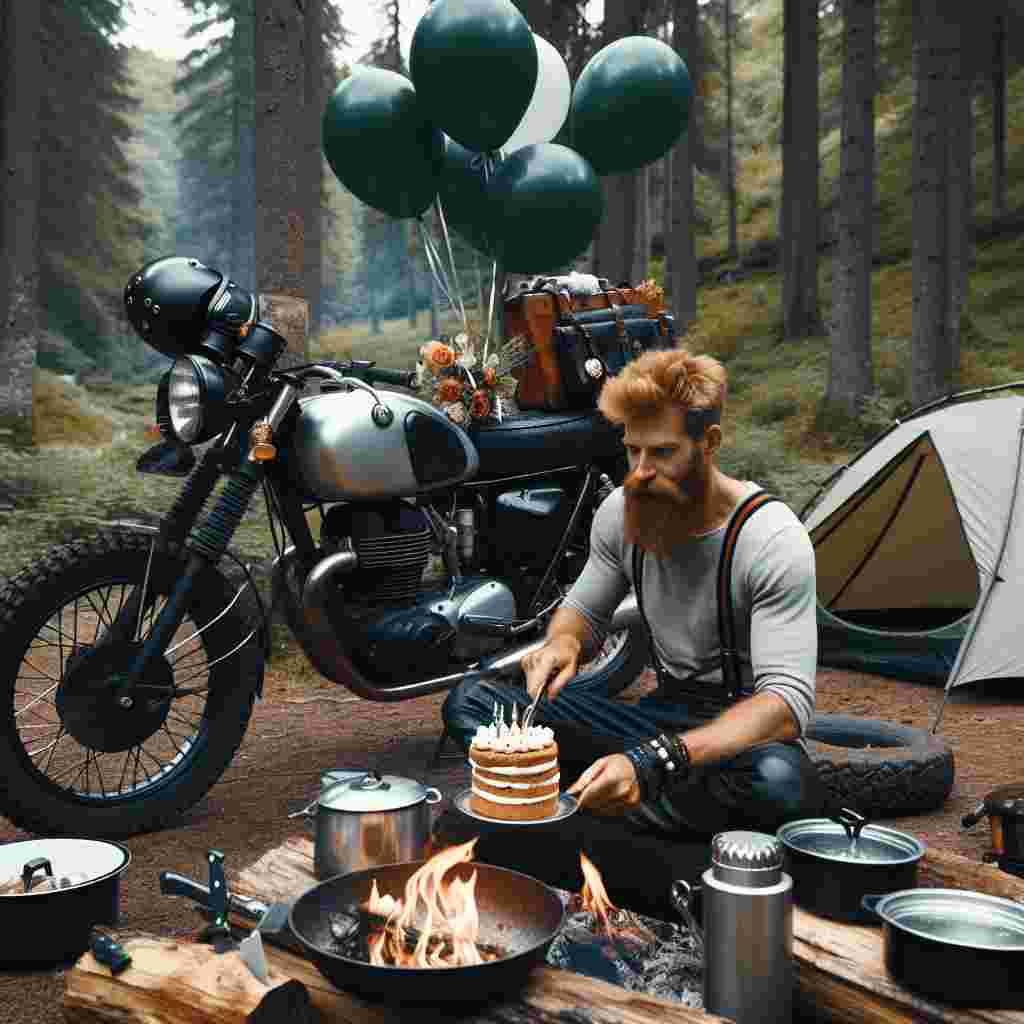 In a picturesque outdoor birthday celebration, a Caucasian man with ginger hair is the center of attraction, standing out with his motorcycle parked prominently near his tent. The motorbike has been humorously adorned with balloons and a makeshift cake-holder on its seat. He's amusingly involved in a pretend survival challenge, using his knife collection to swiftly prepare gourmet s'mores for his fascinated friends. Their laughter resonates throughout the forest, harmonizing perfectly with the mellow popping of the campfire, encapsulating the ideal combination of the man's dearest interests on his birthday.
Generated with these themes: Ginger haired man , Camping , Motorbike , and Knives .
Made with ❤️ by AI.