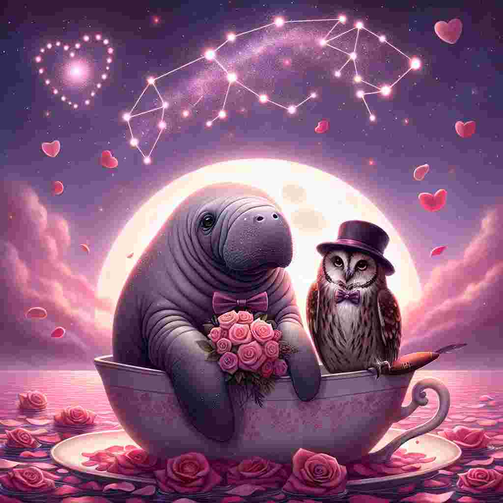 Imagine a whimsical Valentine's Day scene where a manatee and an owl are sitting together in a moonlit boat that is shaped like a teacup. The sky above them is a beautiful array of soft pinks and purples, dotted with stars shaped like hearts and a twinkling constellation vaguely resembling a football. The owl, perched on the rim of the teacup boat, is wearing an elegant bow tie and lovingly looking at the manatee companion. The manatee, expressing a gentle smile, holds a bouquet of roses in one flipper, and a beautifully decorated football in the other. Together, they gently float on a sea made entirely of rose petals, fully immersed in the enchanting atmosphere of the night.
Generated with these themes: Manatee, Owl, Nfl, and Tea.
Made with ❤️ by AI.