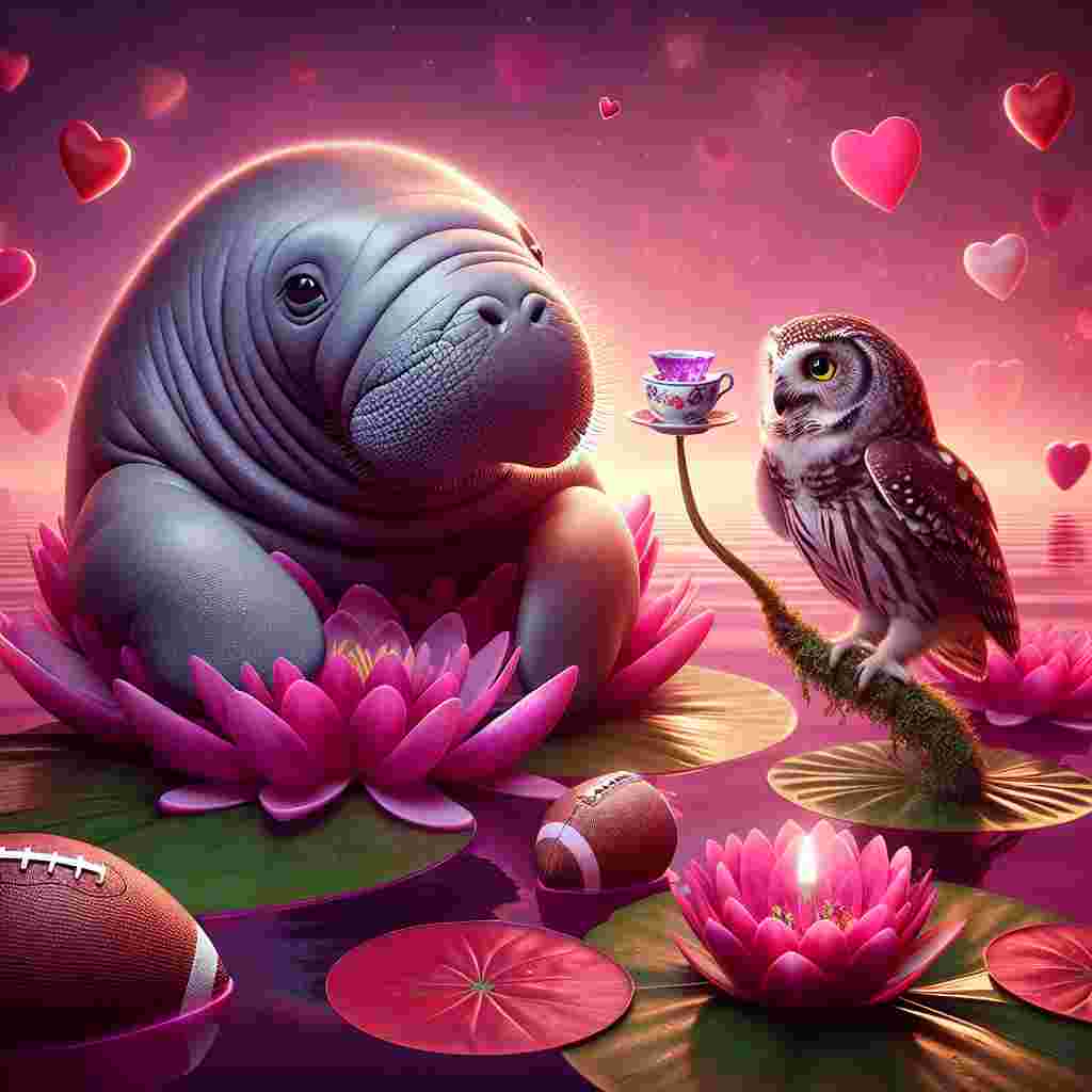 In a whimsical and surreal Valentine's Day-themed image, a gentle manatee and a wise owl form an unlikely pair, sharing a moment of affection. They exist in the soft twilight glow, floating on vibrant, heart-shaped lily pads atop a tranquil, magenta-colored pond. Wearing a petite football helmet, the owl jokingly pays homage to American football, and the manatee holds a fragile teacup in its flipper, symbolizing both creatures' fondness for tea. Hearts and footballs whimsically spiral in the air, creating an ambiance of warmth and enchantment.
Generated with these themes: Manatee, Owl, Nfl, and Tea.
Made with ❤️ by AI.