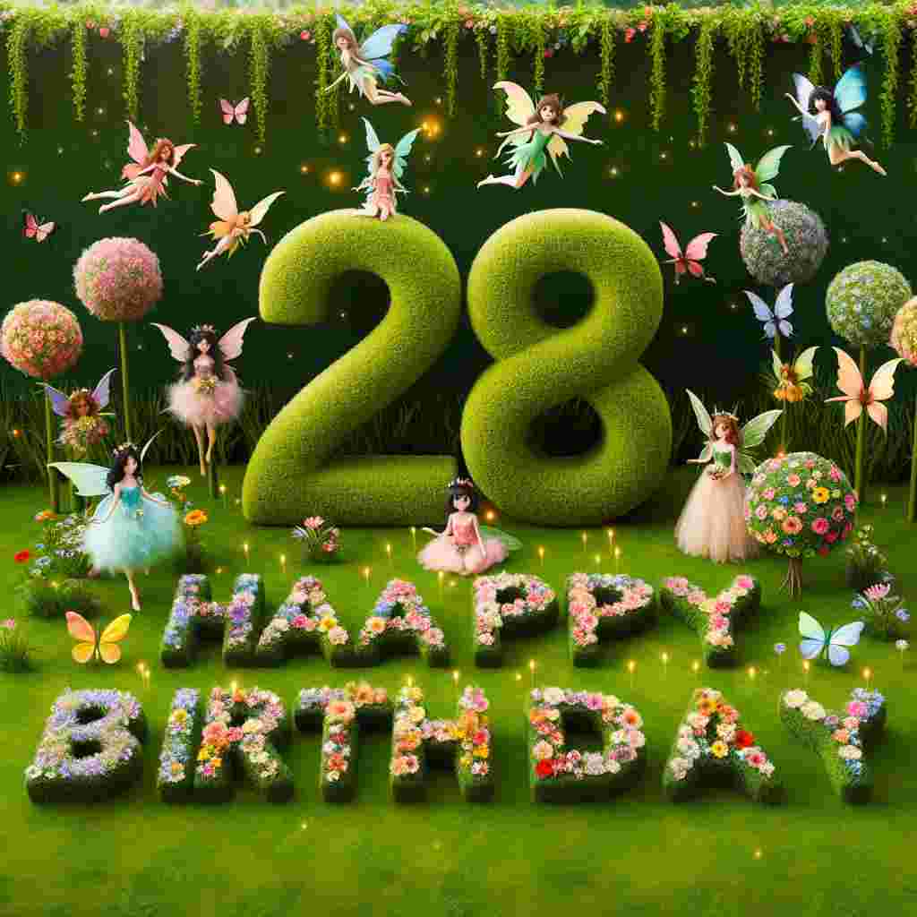 An endearing image of a fantasy garden where fairies flutter around a number 28 shaped topiary centerpiece. Flowers spell out 'Happy Birthday' across the grass, complementing the magical vibe of the birthday theme.
Generated with these themes: 28th  .
Made with ❤️ by AI.