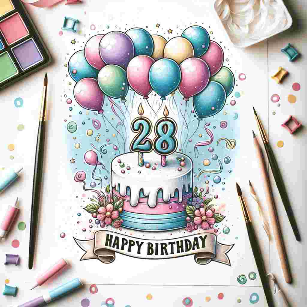 A charming illustration featuring a whimsical cake with the number 28 as the topper, surrounded by pastel balloons and confetti. A banner across the top of the scene reads 'Happy Birthday' in playful, bubbly letters.
Generated with these themes: 28th  .
Made with ❤️ by AI.