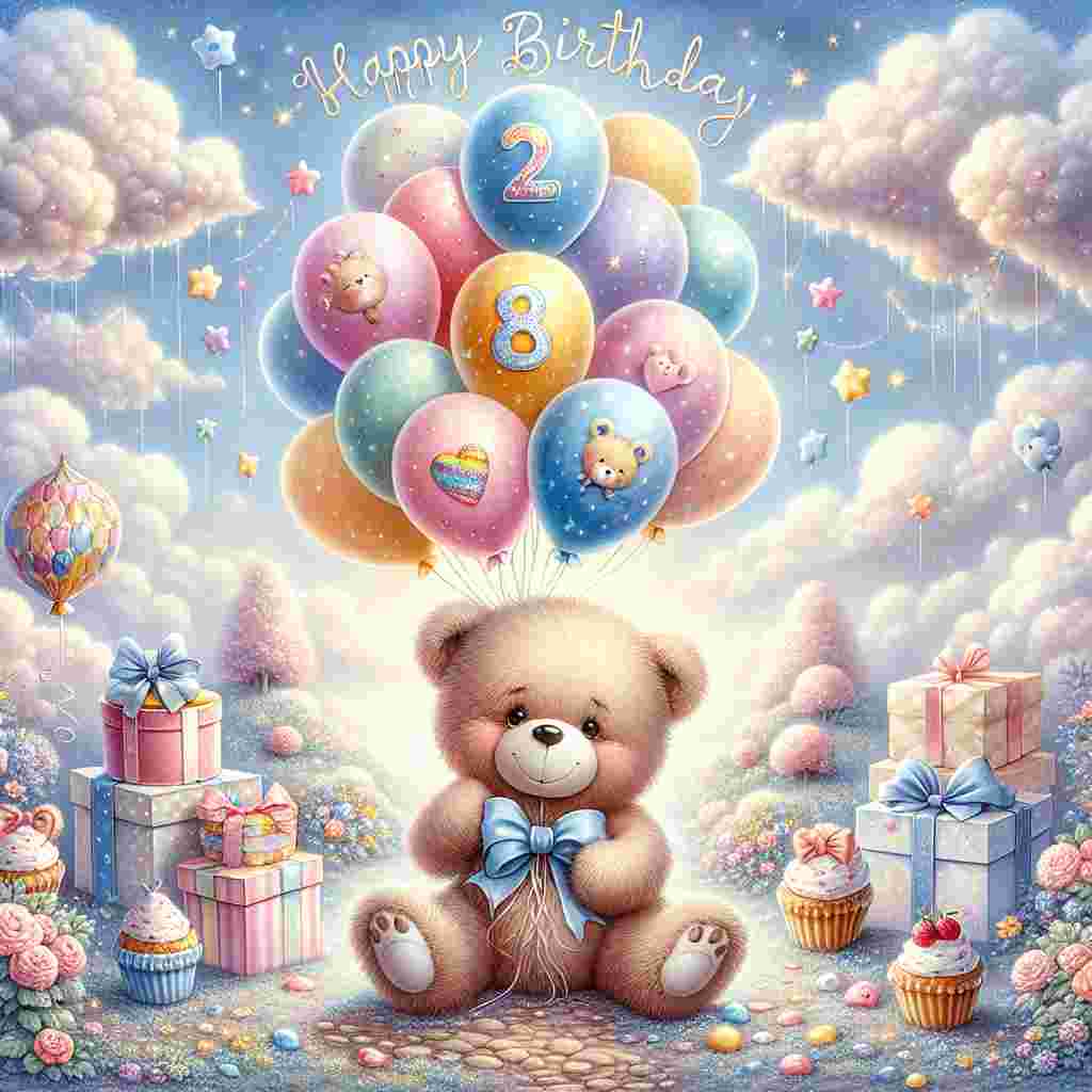 A picturesque setting of a teddy bear holding a bouquet of balloons with the digits 2 and 8, sitting in a landscape of cupcakes and gifts. Overhead, clouds form the greeting 'Happy Birthday,' adding a dreamlike touch to the illustration.
Generated with these themes: 28th  .
Made with ❤️ by AI.