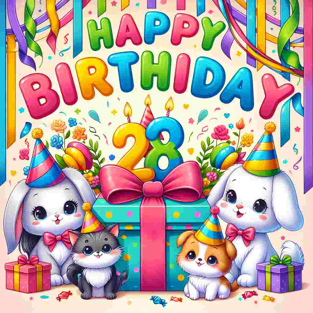 A delightful scene where a cluster of cute animals are throwing a party, wearing party hats and with the number 28 displayed on a gift box. Colorful streamers drape the background, and 'Happy Birthday' is spelled out above in bold, cheerful font.
Generated with these themes: 28th  .
Made with ❤️ by AI.
