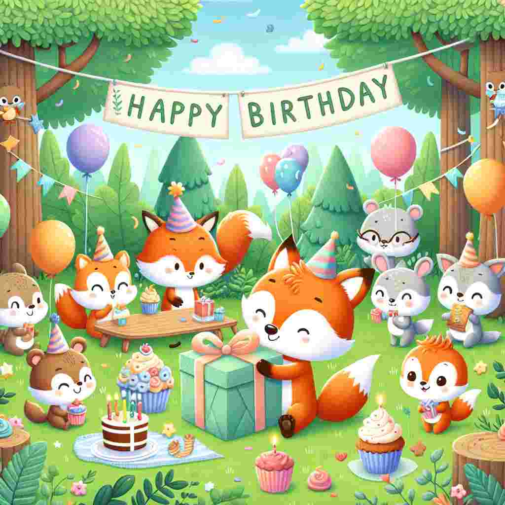 A charming drawing of a garden party where cute creatures are gathered. The son in law, depicted as a fox, opens a present, while others hold cupcakes and balloons. Overhead, the words 'Happy Birthday' are strung between trees on a handmade sign.
Generated with these themes: son in law  .
Made with ❤️ by AI.