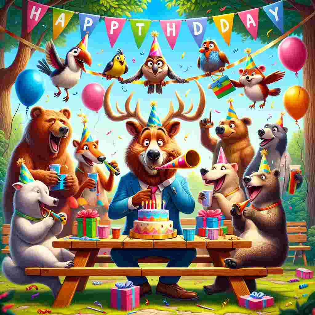 A festive illustration with a group of animal characters holding a surprise birthday party for the son in law. He is seated at a picnic table with a party horn, while friends cheer with party poppers. Above them, 'Happy Birthday' is written in a banner held up by two chirpy birds.
Generated with these themes: son in law  .
Made with ❤️ by AI.
