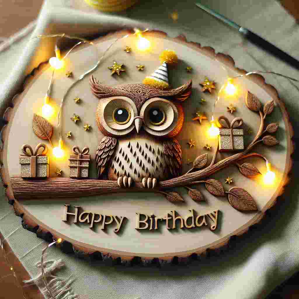 An endearing scene with a family of owls perched on a branch adorned with fairy lights. The son in law owl wears a tiny party hat and is surrounded by gifts. The words 'Happy Birthday' are etched into the wood of the branch, illuminated by the gentle glow of the lights.
Generated with these themes: son in law  .
Made with ❤️ by AI.