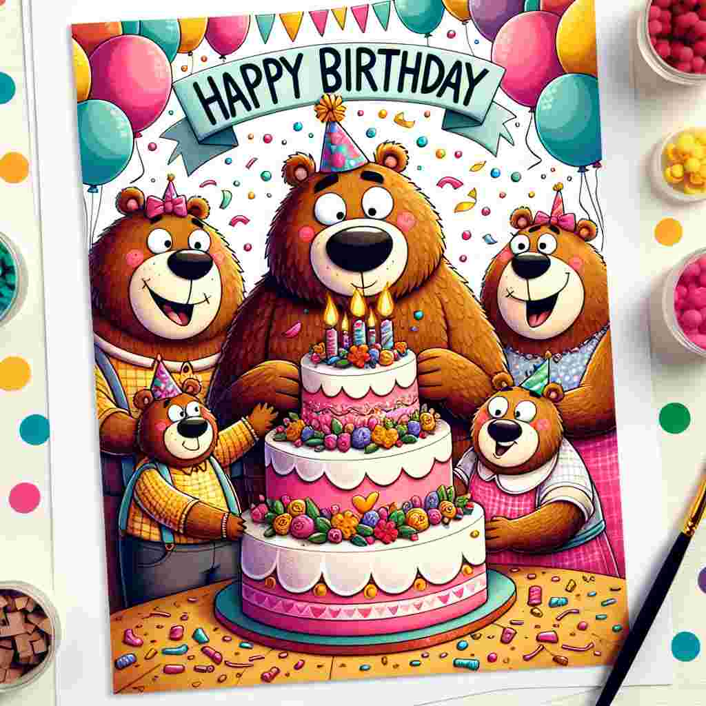 A whimsical birthday card featuring a cartoonish family of bears presenting a large, decorated cake to a bear labeled 'Son in Law'. Balloons and confetti swirl around the scene, with 'Happy Birthday' cheerfully inscribed above in colorful letters.
Generated with these themes: son in law  .
Made with ❤️ by AI.