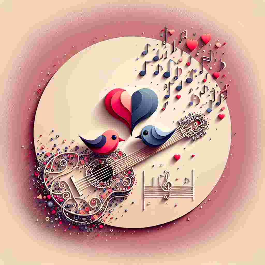 Create a delightful visualization of two stylized birds nestling on a guitar. The setting is suffused with a plethora of musical notes that gradually blend into an amorous heart motif aloft the birds. The guitar subtly portrays romantic symbols. A gentle rosy nuance pervades the representation. The saying 'Love music birds' is playfully incorporated, with the term 'Love' designed from a treble clef, and the alphabet 'i' in 'music' alternated with a miniature, bright red heart to embody Saint Valentine's Day's charm.
Generated with these themes: Love music birds.
Made with ❤️ by AI.