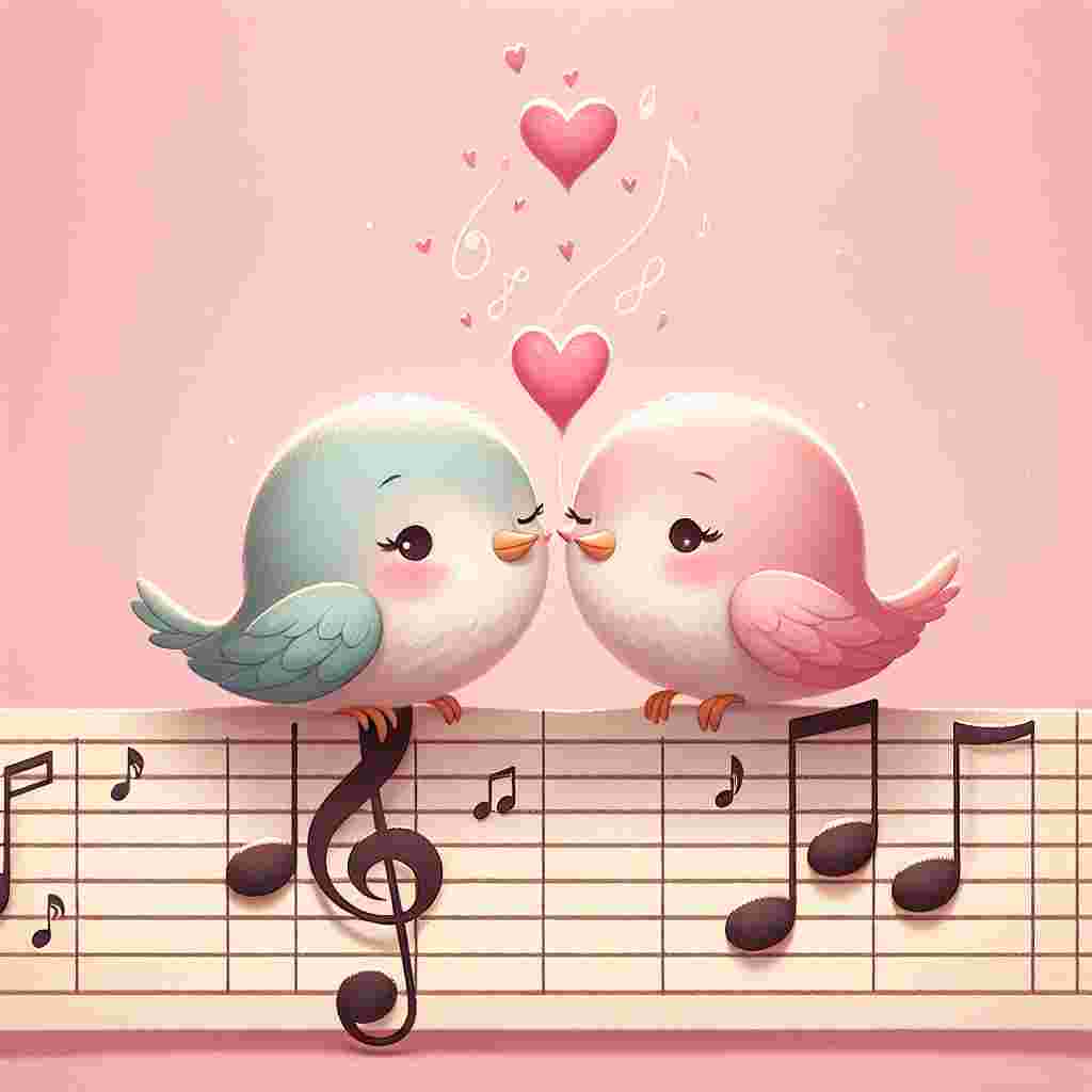 Create a touching illustration of two cartoon birds, characterized by their pastel-colored feathers, gently leaning towards one another as if to exchange a delicate kiss, perched on a musical staff. The staff is decorated with notes that create a harmonious melody all around them. The initial clef is designed to reflect a heart, indicating the start of a romantic tune specifically created for these avian lovers. They are set against a gentle pink background, charmingly embellished with tiny hearts that float upwards, akin to balloons. This scene sets the tone for a lovely celebration of Valentine's Day.
Generated with these themes: Love music birds.
Made with ❤️ by AI.