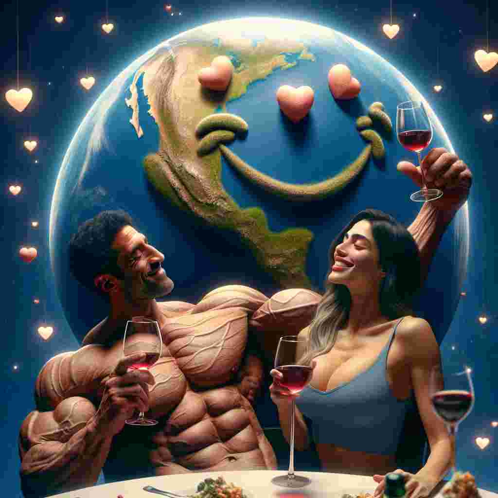 Create a heartwarming Valentine's scene that portrays a whimsical perception of love. The Earth shown in this image is intriguingly flat, with its edges curling into an engaging smile, enticing the spirit of romantic celebrations. In the forefront of this composition is a fit pair, a Hispanic male with a well-sculpted physique and a Middle-Eastern female with ample curves. They are beautifully immersed in the essence of companionship, sitting in harmony and toasting their wine glasses. The ambience is filled with tiny hearts that seem to float upward, bathing in the affectionate hues of love and joy.
Generated with these themes: Flat earth , Big bums, Wine, and Muscles .
Made with ❤️ by AI.
