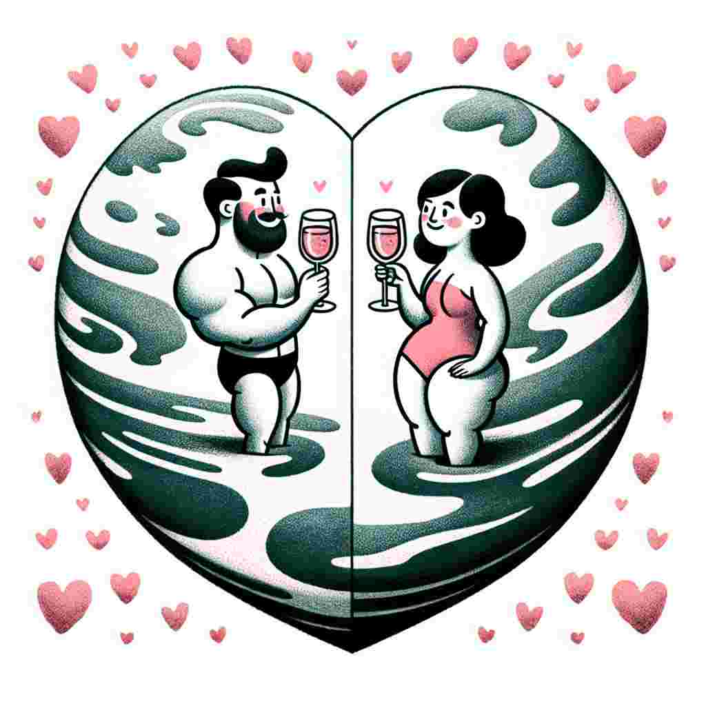 Create a charming Valentine's Day themed illustration that showcases a flat, circular Earth imagined in the shape of a giant heart. In the center of this unique world, draw an affectionate couple with a playful physique, characterized by large, exaggerated bums and toned muscles. This feature symbolizes adoration for both physical fitness and cheeky humor. Have them toast each other with glasses of bubbly wine, the liquid mirroring the soft pink and red hues associated with Valentine's Day.
Generated with these themes: Flat earth , Big bums, Wine, and Muscles .
Made with ❤️ by AI.
