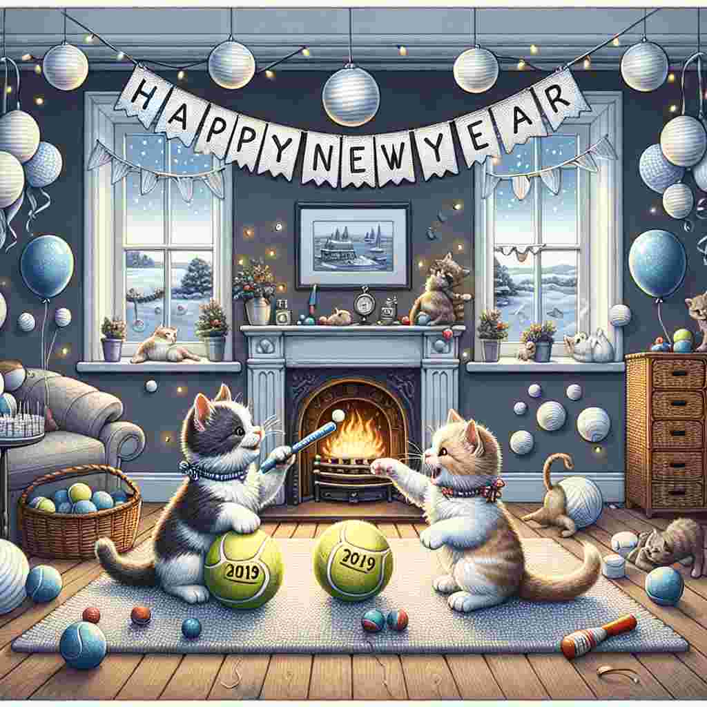 Create a festive New Year's illustration featuring two playful kittens engaging with tennis balls that bear the digits of the forthcoming year. The room in which they frolic is festooned with paper streamers and floating balloons, adding a cheerful ambiance. Mounted prominently above is a banner that reads 'Happy New Year'. A corner of the room is home to a fireplace, from which soothing crackles and a comforting warmth emanate.
Generated with these themes: tennis.
Made with ❤️ by AI.