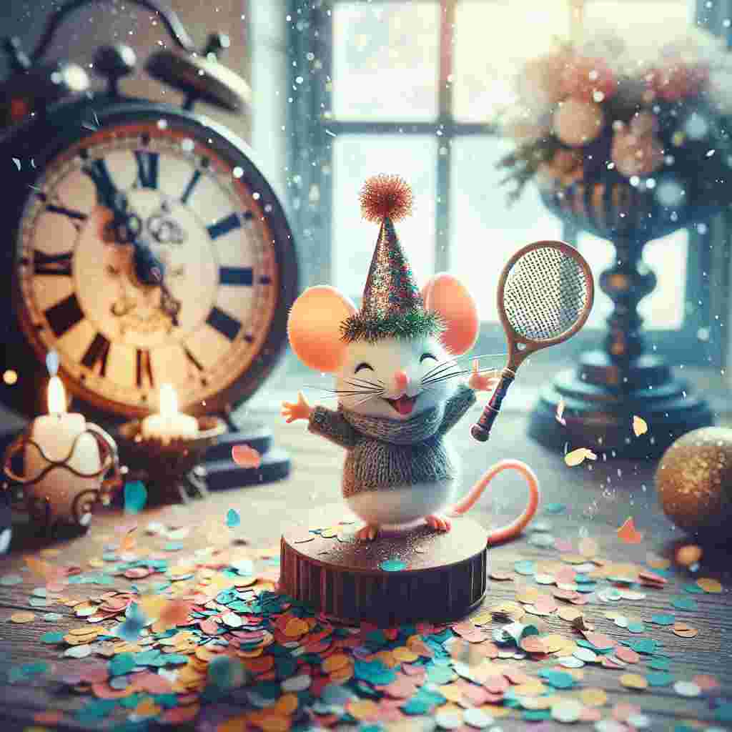 Create an image of a cozy New Year's celebration. At the center of the scene is a jubilant cartoon mouse, adorned with a festive party hat and holding a scaled-down tennis racket. The air around the mouse is filled with tiny scraps of multicolored confetti expressing the joy of ringing in the New Year. In the background, a large ornate clock indicates the arrival of midnight, symbolizing the start of the new year. Gently falling snowflakes are visible beyond a window, adding a gentle serenity to the holiday atmosphere.
Generated with these themes: tennis.
Made with ❤️ by AI.