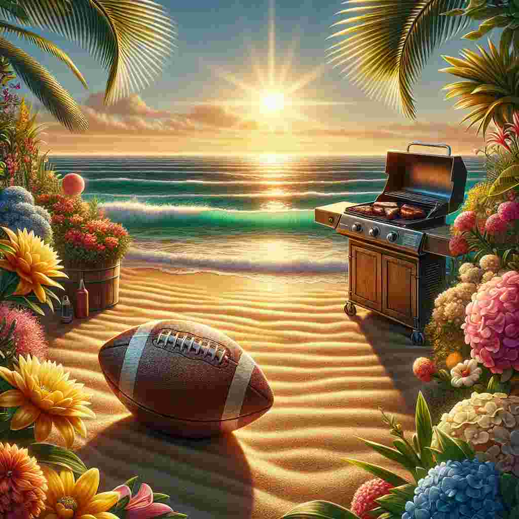 Envision a picture-perfect beach setting, the sandy shores gleaming gold under a brilliantly shining sun. An untouched football is resting on this stretch of sand, near the border where the beach meets a vibrant garden. The garden is sumptuously filled with an assortment of colorful blossoms, adding a soothing contrast to the sandy scenery. Placed strategically amidst the blossoms, a vintage grill is busy sizzling steaks, the aroma wafting through the air, seasoned to perfection, as though it were a nod to a father's staple cooking. A nostalgic 80s music is playing, the rhythm flowing with the soft beach breeze, completing an emotive illustration of Father's Day without any physical presence of a father.
Generated with these themes: Beach, Sun, 80s music, Garden, Steak, and Football.
Made with ❤️ by AI.