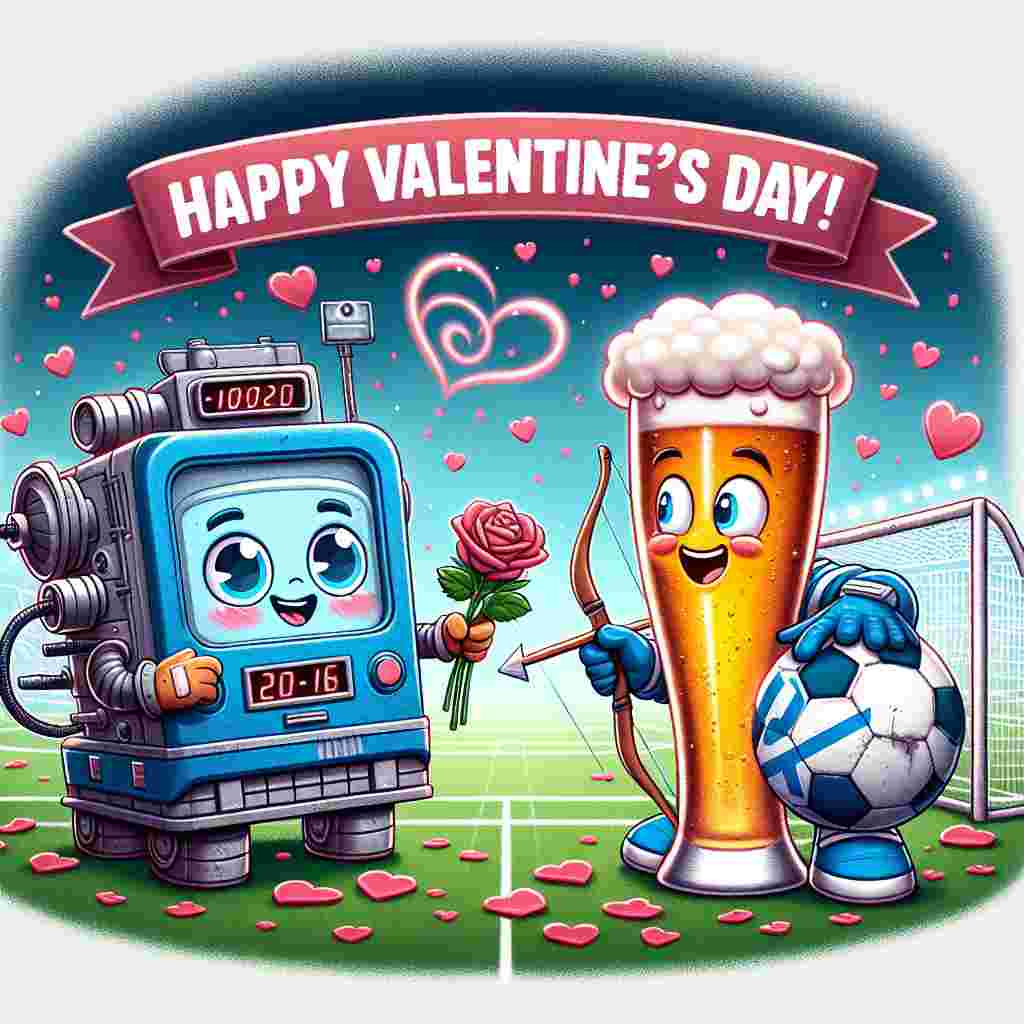 In a delightful cartoon-like illustration, a quirky blue time-travel machine with an adorable blushing face is shown receiving a valentine from a sporty and jovial football team mascot, who is dressed up as Cupid. The background features a celebratory banner that exclaims 'Happy Valentine's Day', and the field underneath is speckled with confetti that strikingly resembles hops, signifying the element of beer. Alongside, a lively pint of beer, personified with a gleeful grin and a perfect toast, stands proudly next to a goal post entwined with roses, ingeniously tying together the concepts of love, sports, and refreshment for this special day.
Generated with these themes: Footy, Dr who, beer .
Made with ❤️ by AI.
