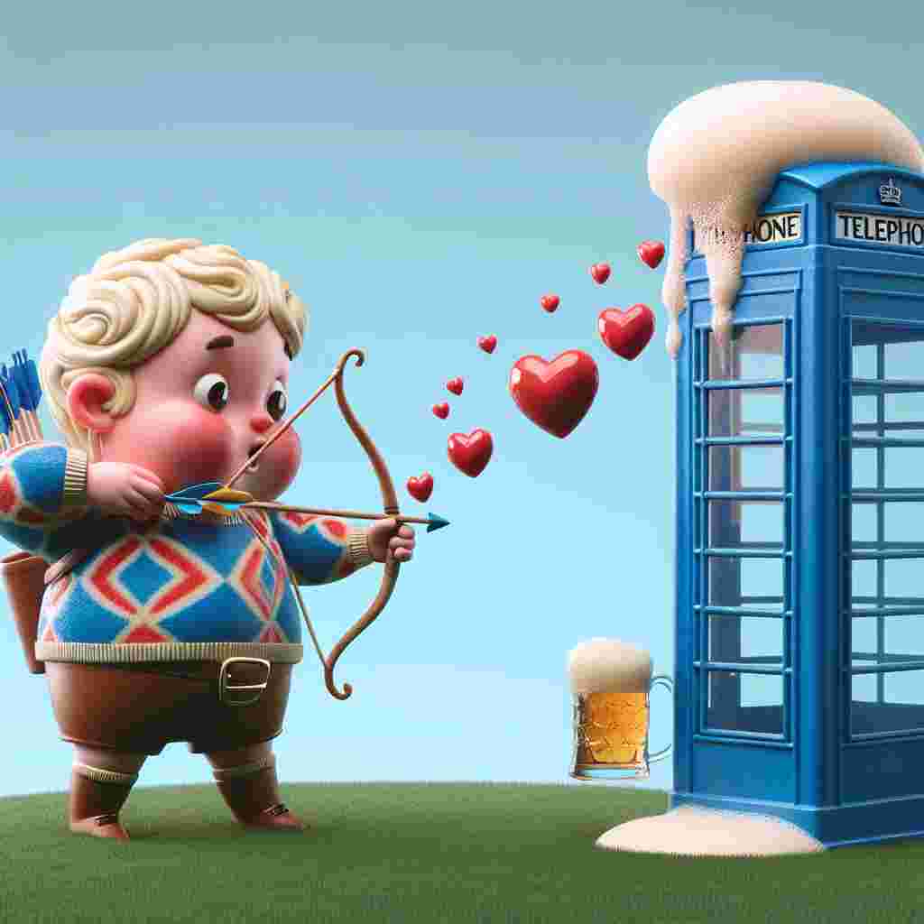 A cherubic figure with rounded cheeks, adorned in attire with patterns reminiscent of a football player, is center stage. In his hand, he holds a bow and aims an arrow towards a blue, animated telephone booth, which is smitten and surrounded by hearts floating near its roof. This signifies a playful tale of affection. Beside the booth, on the vibrant green carpet of grass that curiously resembles a football pitch, there is a frothing tankard of beer. This froth transforms into bubbles shaped like hearts, adding an amusingly whimsical touch to the scene that is a humorous interpretation of Valentine's Day.
Generated with these themes: Footy, Dr who, beer .
Made with ❤️ by AI.
