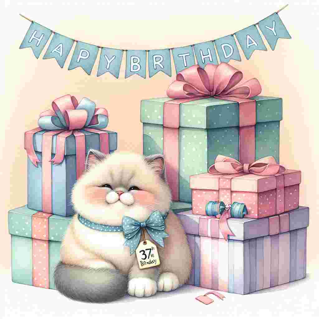 An adorable watercolor scene featuring a plump cat nestled among a pile of presents, each adorned with a '37th' tag. Above, a banner sways with the words 'Happy Birthday', complementing the festive mood and soft color palette.
Generated with these themes: 37th  .
Made with ❤️ by AI.