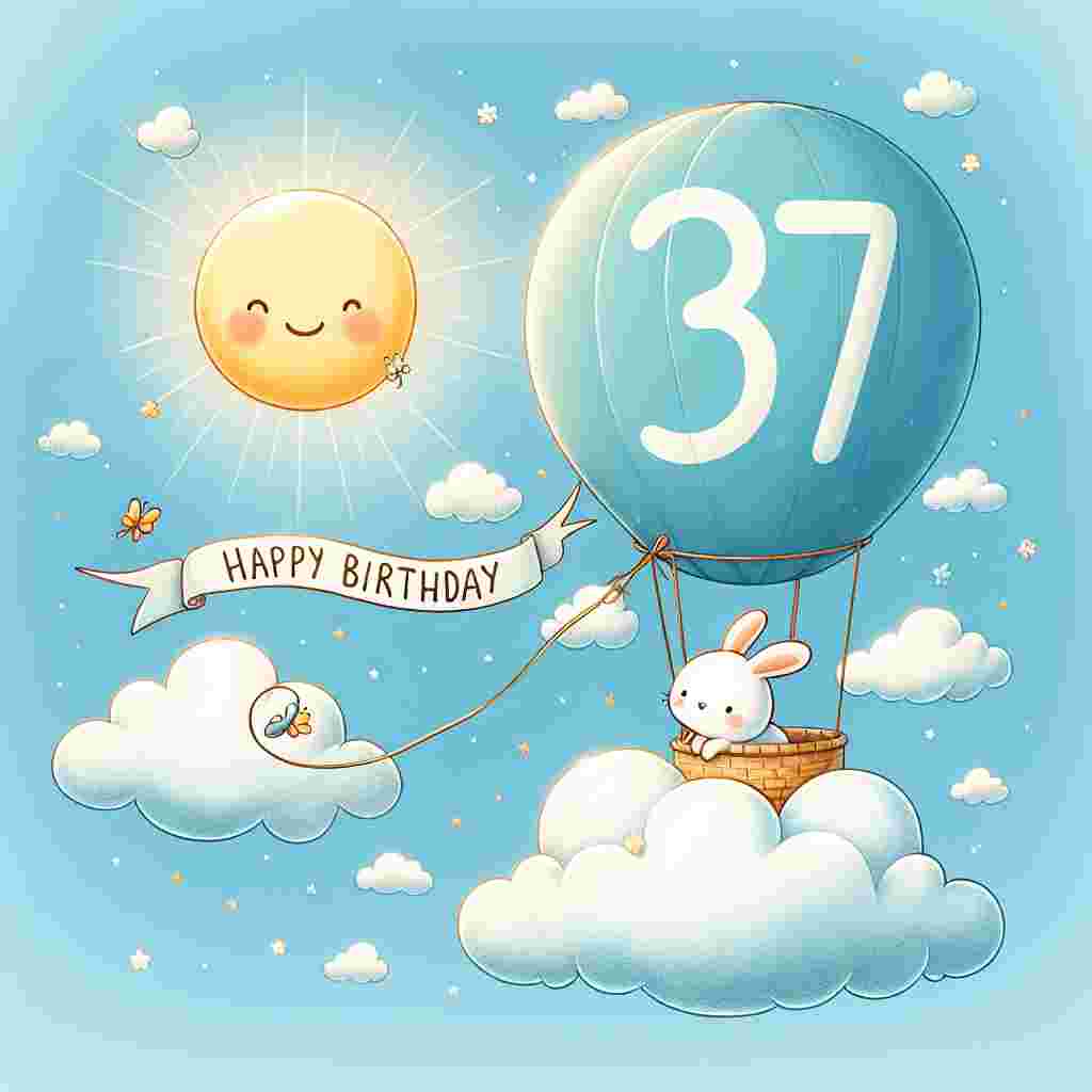 A cheery illustration set on a background of sky blue, capturing a small bunny floating amongst the clouds in a hot air balloon shaped like the number '37'. A bright sun smiles down as a ribbon flowing from the balloon unfurls with the message 'Happy Birthday'.
Generated with these themes: 37th  .
Made with ❤️ by AI.