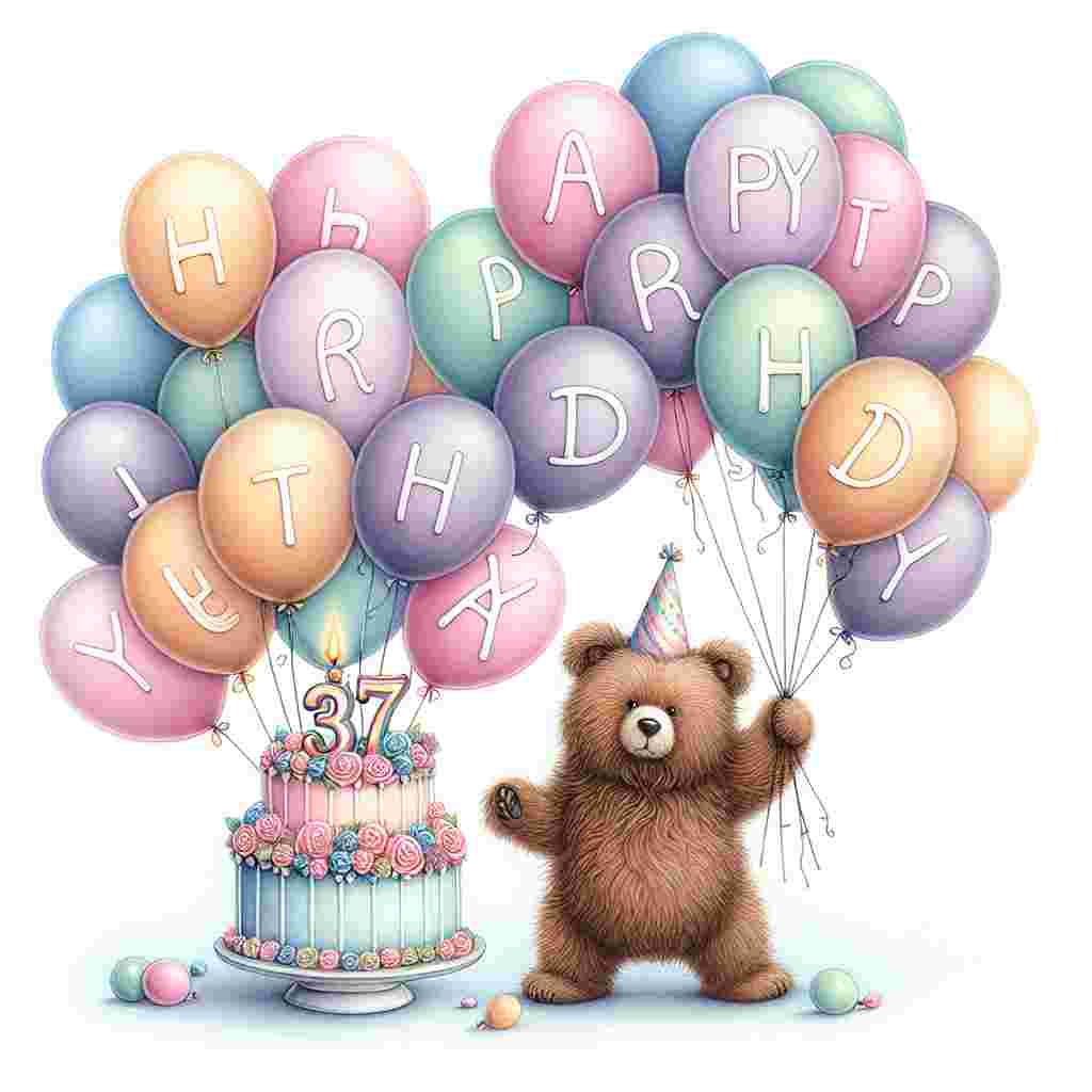 A whimsical drawing depicting a cuddly brown bear holding a bouquet of multicolored balloons with '37th' playfully inscribed on each. The bear is wearing a party hat and stands in front of a pastel cake topped with the phrase 'Happy Birthday' in elegant icing.
Generated with these themes: 37th  .
Made with ❤️ by AI.