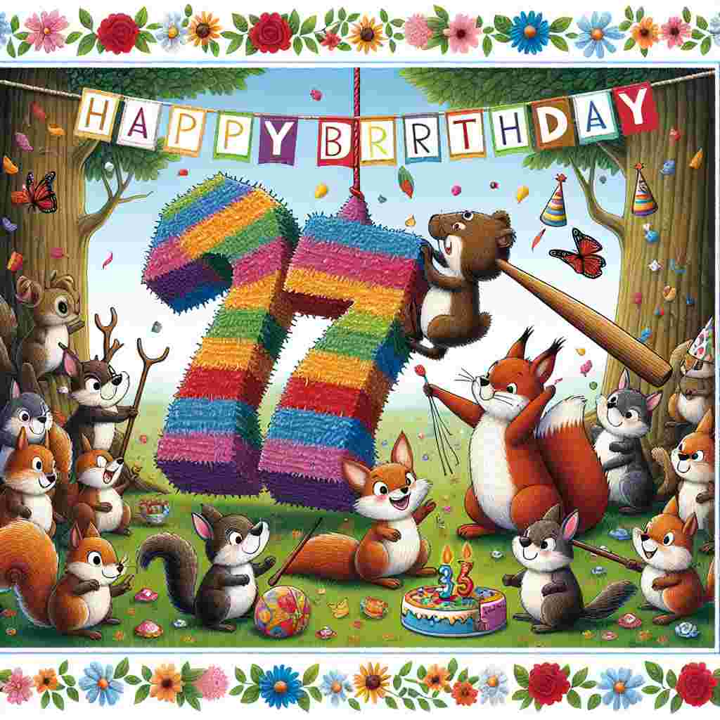 A charming cartoon showing a group of forest animals gathered around a large '37th' shaped piñata. A festive squirrel swings a bat while other critters hold up a banner reading 'Happy Birthday', all enclosed within a flower-laden border.
Generated with these themes: 37th  .
Made with ❤️ by AI.