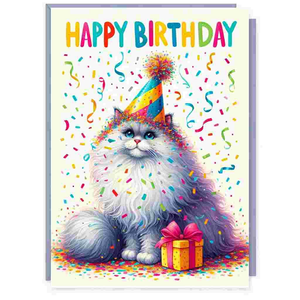 A whimsical birthday card showcasing a fluffy Nebelung cat wearing a colorful party hat. It stands amidst a burst of confetti, with its tail wrapped around a gift. Above, the words 'Happy Birthday' are written in cheerful, bold letters, making the scene burst with celebration.
Generated with these themes: Nebelung Birthday Cards.
Made with ❤️ by AI.
