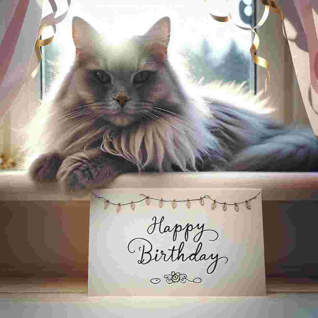 The birthday card displays a serene Nebelung cat, perched on a windowsill adorned with birthday bunting. The soft glow of the sun highlights its silvery fur, as it gazes out at the viewer. Below it, the words 'Happy Birthday' are scripted in elegant, flowing cursive, adding a touch of sophistication to the illustration.
Generated with these themes: Nebelung Birthday Cards.
Made with ❤️ by AI.