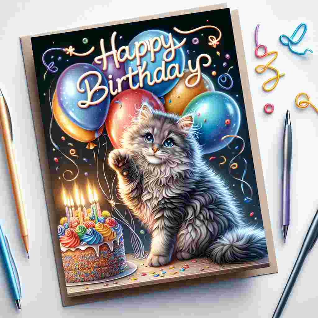 This birthday card features a charming illustration of a playful Nebelung cat with gleaming eyes, surrounded by balloons and a cake with lit candles. The cat's paw playfully touches one balloon as 'Happy Birthday' is inscribed in loopy, fun font, floating like the balloons around the feline.
Generated with these themes: Nebelung Birthday Cards.
Made with ❤️ by AI.