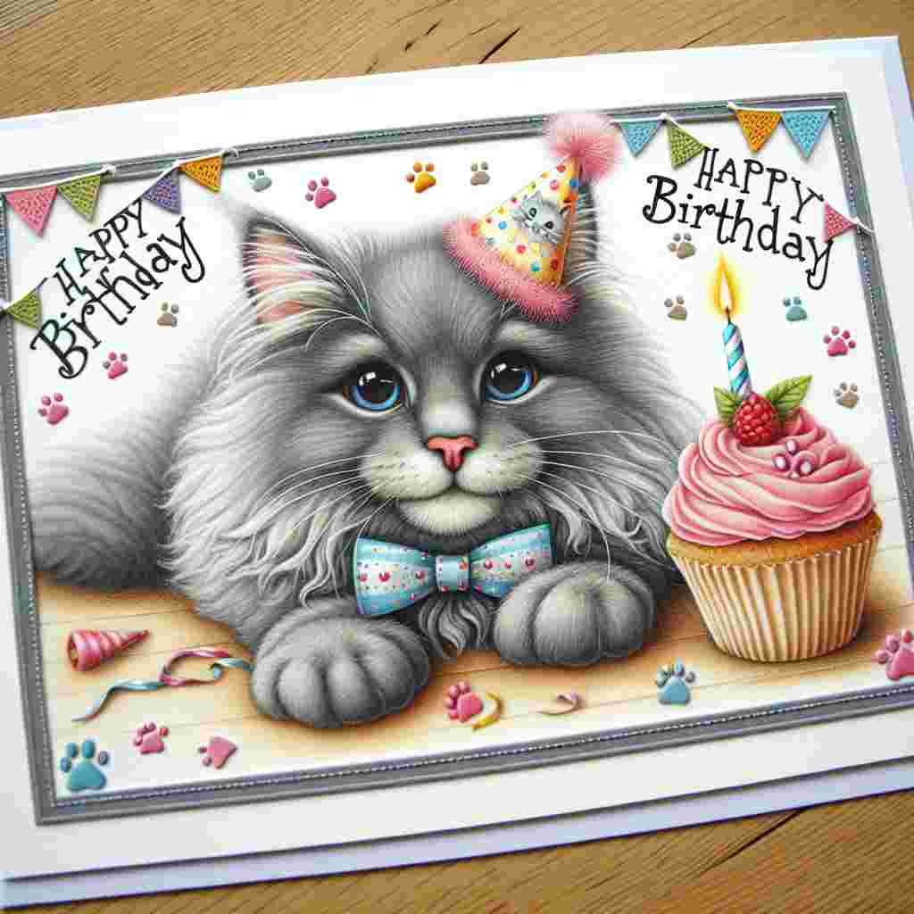 An adorable Nebelung cat sits front and center on the birthday card, its eyes wide and curious. It's donning a tiny birthday hat and a bow tie, with a colorful cupcake beside it. The 'Happy Birthday' message is delicately framed by paw prints and party streamers to complete this heartwarming scene.
Generated with these themes: Nebelung Birthday Cards.
Made with ❤️ by AI.