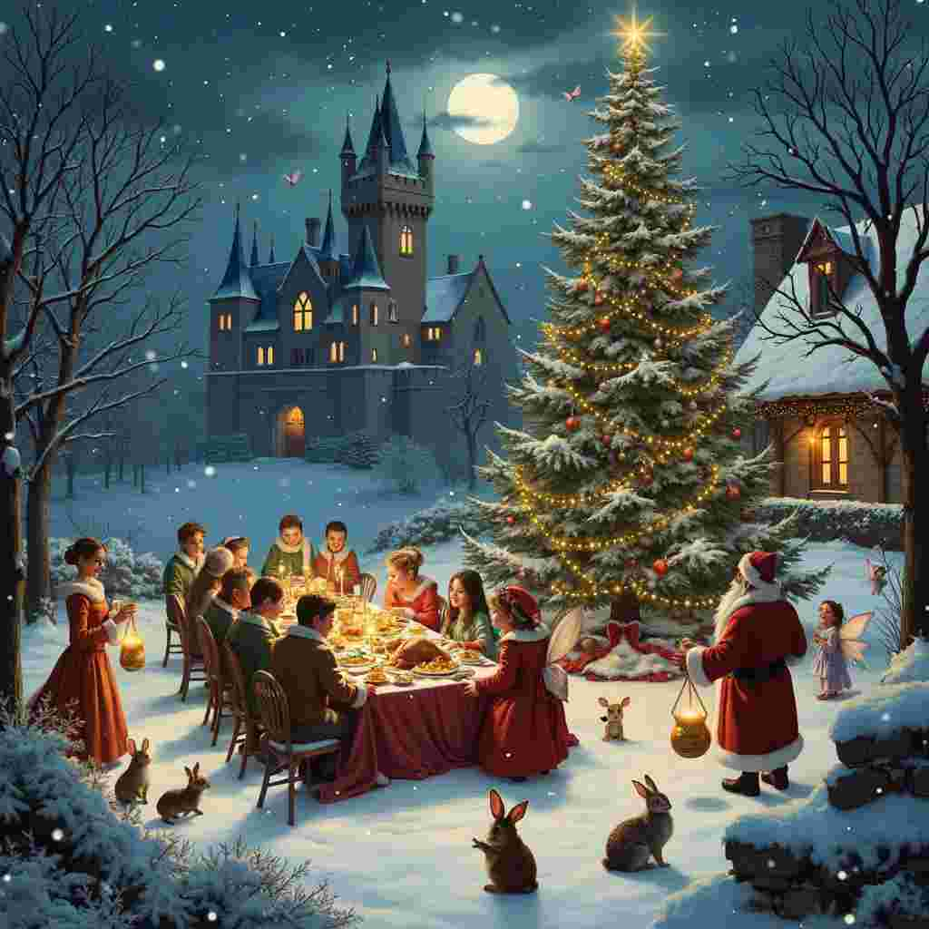 In a magical winter wonderland, a grand Christmas castle towers in the background, its turrets dusted with sparkling snow. The full moon casts a silver glow over the entire scene, illuminating fairy lights that twinkle like stars and drape elegantly from the castle's battlements to the nearby trees. In the foreground, a magnificent Christmas tree, adorned with glittering ornaments and tinsel, stands as the centerpiece, its top almost touching the sky. 

Surrounding the tree, a whimsical party is in full swing. Snowflakes dance in the air, some of which have been caught by the wings of the fairies flitting about. These delicate fairies, with their translucent wings shimmering in the moonlight, help to light the scene with tiny lanterns that they carry, casting a warm glow over the festivities. 

To the left of the Christmas tree, a grand feast is laid out on a long, rustic table covered in a festive red cloth. Platters of roasted turkey, pies, and an array of Christmas treats invite everyone to indulge. Characters reminiscent of a Beatrix Potter storybook—woodland creatures like rabbits, mice, and hedgehogs—sit around the table, cheerfully munching on the feast.

To the right, a group of partygoers, dressed in elaborate medieval-inspired costumes, engage in spirited caroling. Their songbooks are held high, and one can almost hear their melodious voices rising through the crisp night air. The singers include children with cherubic faces, elderly townsfolk with twinkling eyes, and even a jolly Santa Claus joining in with a hearty laugh.

Nestled beside the castle’s main gate, there’s a small stage where a few fairies and woodland creatures perform a charming ballet, their movements synchronized with the rhythm of the carolers. The castle windows glow warmly, suggesting the bustling activities within—preparations for more holiday merriment yet to come.

The scene is a blend of festive chaos and charming order, a rich tapestry of holiday wonder that draws inspiration from the detailed realism of Norman Rockwell, the whimsical nature of Beatrix Potter, and the enchanting, dreamlike quality of Maxfield Parrish. Each element, from the twinkling fairy lights to the lavish feast, contributes to a fantastical celebration of Christmas.
Generated with these themes: Christmas tree, Snow, Party, Castle, Moon, Singing, Feast, Fairies flying, and Fairy lights.
Made with ❤️ by AI.