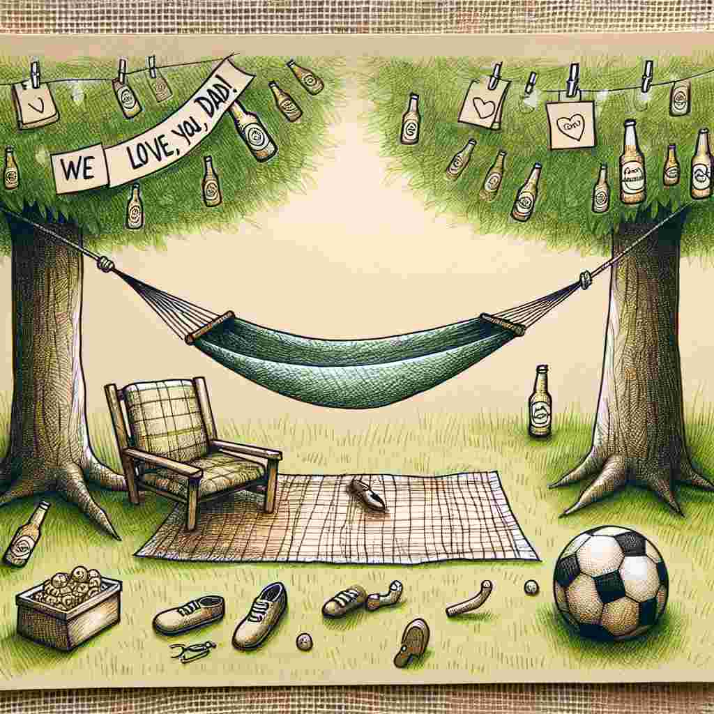 An image capturing a scene in a bright, verdant field. In the center is the drawing of an unoccupied, cartoon-style hammock suspended between two trees, indicating a time of relaxation. A picnic mat is seen, adorned with a pattern of sketched out beer bottles, reflecting a sense of joy and leisure. Not too far away lies a lone soccer ball, evoking memories of fun playtimes. The entirety of the scene is bounded by a hand-drawn banner saying 'We love you, Dad!', decorated with tiny illustrations of fishing hooks and soccer shoes at the corners realizing a theme of fishing, drinks, and soccer in honor of Father's Day.
Generated with these themes: Fishing, Beer, and Soccer.
Made with ❤️ by AI.