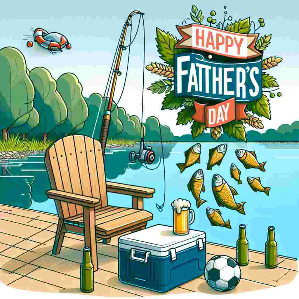 Create an image of a tranquil lakeside setting with an animation-style fishing rod beside a vacant chair, suggesting a father's fondness for fishing. Next to the chair, visualize a cooler filled with cans of beer, depicted in a lively and lighthearted style. Nearby, there's a soccer ball, indicating shared family enjoyment of sports. Floating above, there's a banner with the words 'Happy Father's Day' on it, surrounded by wholesome illustrations of fish and hops, unifying the theme. This picture commemorates Father's Day without showing the father's physical presence.
Generated with these themes: Fishing, Beer, and Soccer.
Made with ❤️ by AI.