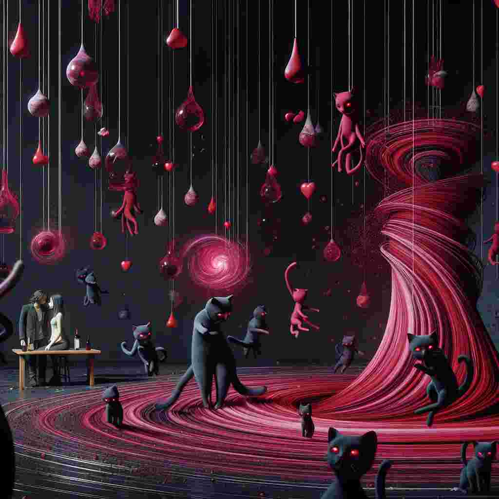 Inside a dark room with predominantly black surroundings, a non-conforming Hispanic male and Caucasian female couple share a tender moment. Abstract structures, appearing similar to hanging mobiles, are scattered throughout the scene, creating a surreal vortex in shades of red and pink, invoking the essence of Valentine's Day. Animated cats, distinguishable by their deep burgundy-colored eyes, sporadically punctuate the scene, engaging playfully with the hanging hearts and tokens of affection that glow in the disorder. Gravity is suspended in this room, with splatters of wine hovering around the couple, seemingly celebrating their offbeat affection in a realm free from everyday constraints.
Generated with these themes: Cats, Punk, Black, Wine, and Mobiles.
Made with ❤️ by AI.