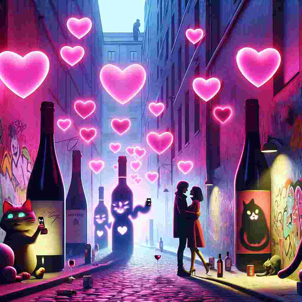 Visualize an urban alleyway morphed into a surreal setting. Think of wine bottle silhouettes and a volume of neon-pink hearts hovering like mobiles against the atmospheric palate. The scene is infused with a rebellious punk vibe, with graffiti-spraying animated cats creating black heart symbols on walls, their eyes beaming with an intensity that captures the spirit of Valentine's Day. Amidst the chaotic yet harmonious backdrop, imagine a Caucasian male and a Middle-Eastern female lover, embraced, their mobile phones casting a mellow luminosity, creating a stark contrast to the energetic, rebellious abstraction around them.
Generated with these themes: Cats, Punk, Black, Wine, and Mobiles.
Made with ❤️ by AI.