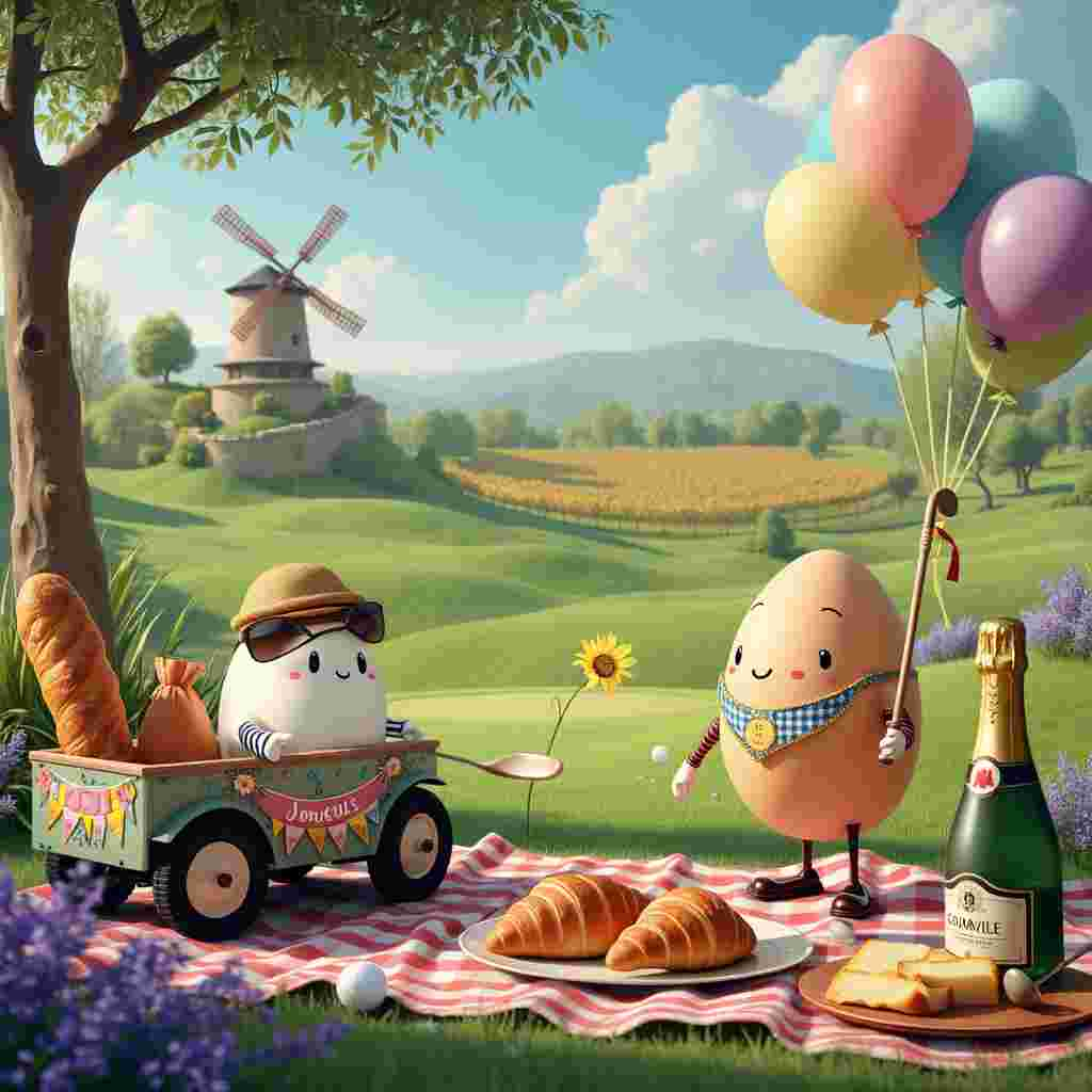 In a surreal yet vividly realistic birthday-themed scene set in the idyllic south of France, picture a lush, sun-dappled golf course that unfurls in gentle, rolling green hills beneath a cerulean sky. At the heart of this scene, two anthropomorphic eggs, complete with tiny arms and legs, are fully immersed in a friendly game of golf. The first egg, donned in a chic, miniature beret and a striped Breton shirt, is poised with a finely crafted, egg-sized golf club. Its pristine shell gleams in the sunlight as it prepares to take a swing. The second egg, sporting a snazzy ascot and a tiny pair of sunglasses, is watching intently, standing next to a quaint, hand-painted golf cart adorned with colorful bunting that spells out "Joyeux Anniversaire!" in playful, looping letters.

Around the eggs, the course is dotted with charming, typically French details: lavender fields blooming in vibrant purples, a rustic stone windmill turning lazily in the background, and a picturesque vineyard with rows of meticulously tended grapevines. The scene also includes whimsical touches—a sunflower with a smiling face cheering them on, a miniature Eiffel Tower peeking from behind the hills, and a baguette resting against a tree as if someone left it there for a picnic. Balloons in pastel colors float gently in the air, tied to the golf cart and the delicate branches of a nearby olive tree, adding a festive touch. Nearby, a sophisticated picnic setup includes a bottle of champagne and a spread of croissants, cheese, and grapes on a red-and-white checkered blanket, hinting at a birthday celebration awaiting the eggs after their game.
Generated with these themes: Two eggs playing golf in the south of France.
Made with ❤️ by AI.