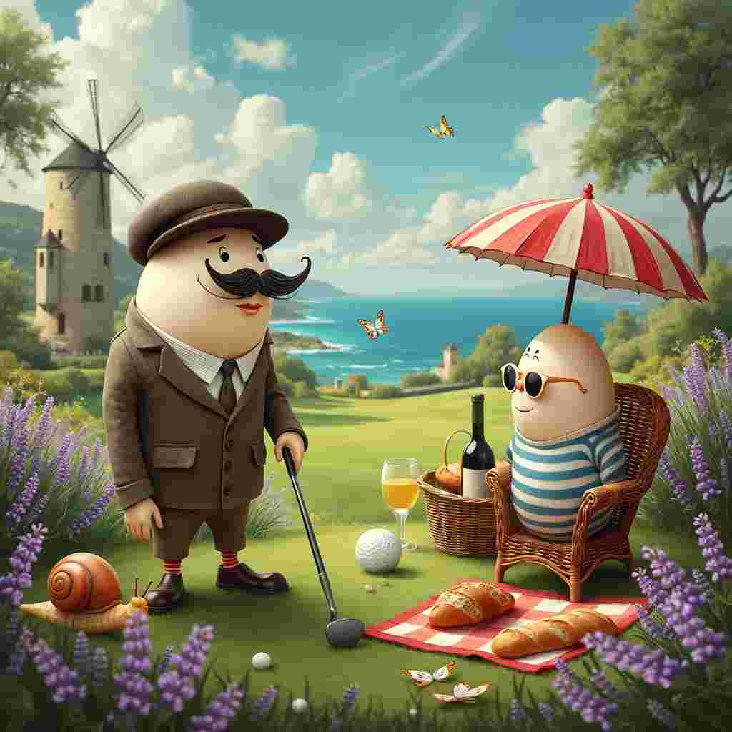 In the enchanting countryside of the South of France, beneath a cerulean sky streaked with whispering clouds, stands a quaint, rolling golf course that hugs the coastline with its emerald greens. Picture two dapper eggs, each with a distinct personality, engaging in a round of golf. The first egg, wearing a beret tilted jauntily to one side and sporting a tiny handlebar mustache, is about to take a swing with a miniature golf club. The second egg, donned in a striped marinière shirt and sunglasses, lounges in a wicker chair nearby, sipping a tiny glass of lemonade.

They are surrounded by vibrant fields of blooming lavender that sway gently in the breeze, and beyond them, a sapphire-blue sea sparkles under the sunlight. A charming stone windmill stands in the background, its blades slowly turning. Nearby, a small basket of freshly baked baguettes and a bottle of fine wine rest on a checkered picnic blanket, evoking the culinary delights of the region.

A petite snail, its shell painted with a rainbow of colors, watches intently from the edge of the putting green, while a trio of butterflies flutter around lazily, adding a touch of whimsy to the scene. A red and white striped parasol provides shade to the lounging egg, casting a playful shadow on the grass. In the distance, you can see the silhouette of a classic French chateau, its towers and turrets peeking through the trees.

Every element in this surreal, yet realistic scene, blends seamlessly, telling a whimsical story of two extraordinary eggs enjoying a leisurely day of golf in the picturesque South of France.
Generated with these themes: Two eggs playing golf in the south of France.
Made with ❤️ by AI.