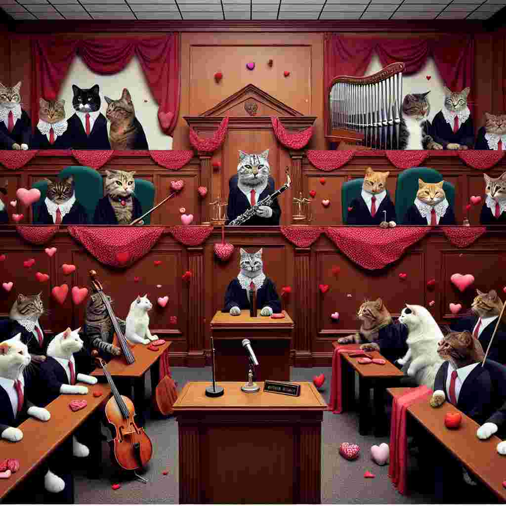 Imagine a quirky and whimsical courtroom filled with cats of various breeds, garbed in formal suits and dresses, serving as jury and spectators. Animated instruments, a bassoon and bass guitar, occupy the central space, expressing their harmonies as love songs. The bench where the Caucasian female cat judge presides is festooned with Valentine's Day embellishments. Her gavel, a heart-shaped plush, adds to the playful atmosphere. The courtroom walls are draped in red and pink fabrics, and the air is teeming with floating hearts. This peculiar yet enchanting scene transforms a typical law court into a delightful venue for Valentine's Day celebrations.
Generated with these themes: Bassoon, Bass guitar, Law court, and Cats.
Made with ❤️ by AI.