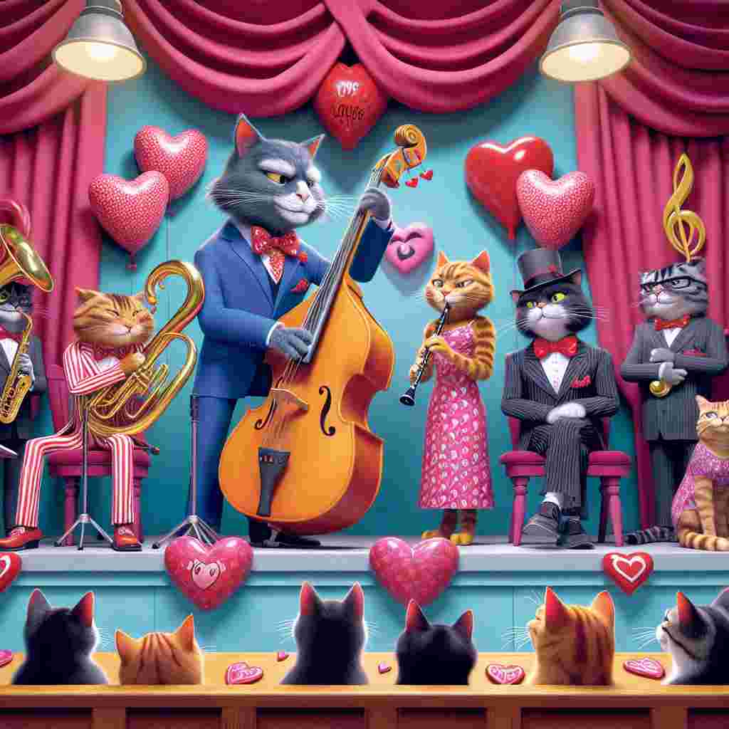 On a vividly decorated Valentine's Day-inspired music stage, a pair of anthropomorphized musical instruments, a suave bass guitar and a classy bassoon, perform love-themed jazz songs to a gathering of cats. The cats, including a stern-looking cat caricature acting as a judge, are dressed for the occasion, some in bow ties, others in dresses patterned with hearts, all sitting on jury benches that have been repurposed into comfortable love-themed seats. The backdrop is embellished with exaggerated musical notes and heart-shaped balloons. The judge-cat humorously intervenes now and then with a soft gavel covered in hearts, adding a whimsical element to this love-infused courtroom concert.
Generated with these themes: Bassoon, Bass guitar, Law court, and Cats.
Made with ❤️ by AI.