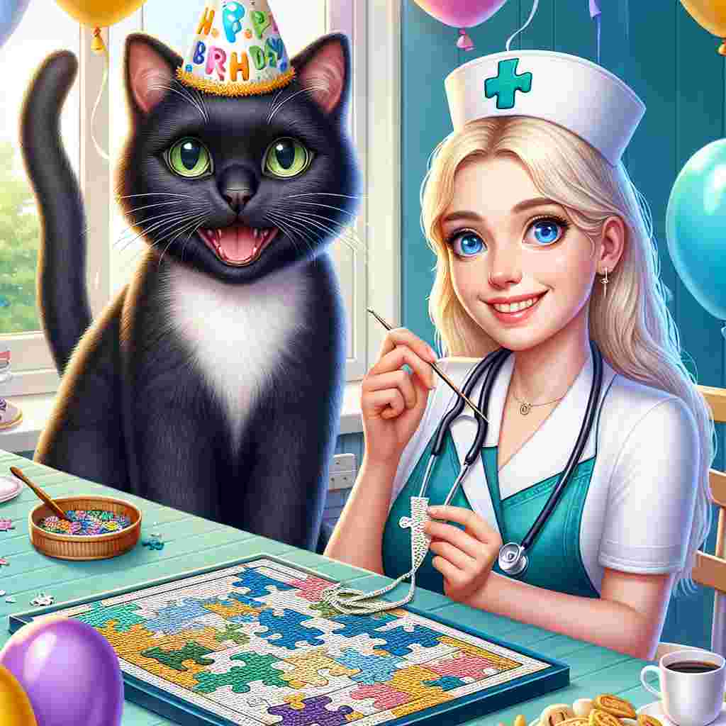 Create an illustration of a whimsical birthday celebration set inside. A mischievous black cat with lively green eyes prominently features as it occupies a partially completed jigsaw puzzle. Next to the puzzle, a light blonde haired young nurse, with gentle blue eyes, emits radiant joy through her cheerful smile. She is wearing her professional nurse uniform, holding a delicate crochet project between her fingers, demonstrating her artistic side. Fun-loving balloons float freely around the room and a table brimming with health-conscious birthday snacks indicate a preference for mindful eating. The scene should emanate the unique combination of routine life and extraordinary moments that make birthdays unforgettable.
Generated with these themes: Black cat with green eyes sitting on a jigsaw, Young blonde woman blue eyes, Nurse job, Crochet , and Diet.
Made with ❤️ by AI.