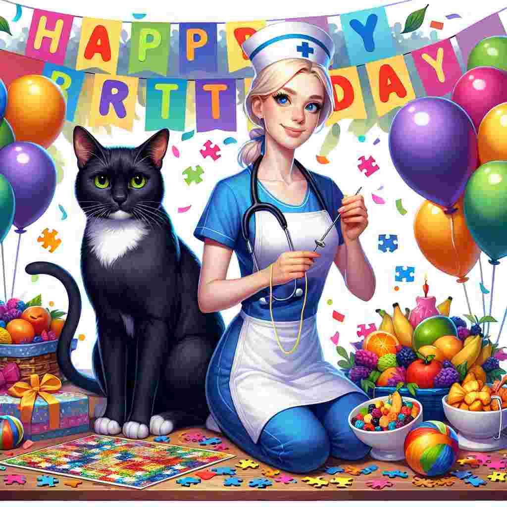 Illustrate a vibrant birthday scene, brimming with color and joy. At the center, find a sleek black cat, its green eyes filled with curiosity and amusement, sitting atop a scatter of jigsaw puzzle pieces. Alongside it, portray a young Caucasian woman with blonde hair and blue eyes. She's proud, standing in her neat nurse's uniform, one hand on her hip and the other holding a crochet hook, partially completing a craft project that is likely one of her hobbies. Balloons and paper confetti suspends around her, and a multicolored banner above her head sends out a happy 'Happy Birthday' greeting. A table in the foreground presents a spread of healthy birthday snacks, a fusion of celebration and healthy living.
Generated with these themes: Black cat with green eyes sitting on a jigsaw, Young blonde woman blue eyes, Nurse job, Crochet , and Diet.
Made with ❤️ by AI.