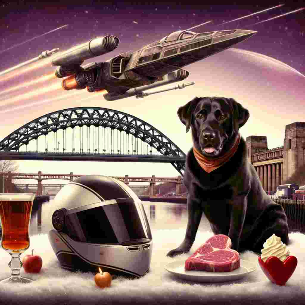 Visualize a whimsical Valentine's Day scene with a Black Labrador as the protagonist, wearing a road warrior's helmet and sitting on a sleek sports motorbike. The backdrop features the Tyne bridge standing majestically, and a futuristic starfighter streaks across the sky, adding a science fiction element. Nearby, a tumbler of rich whiskey accompanies the smell of vanilla ice-cream, providing a sensory delight. The foreground has a heart-shaped steak presented amusingly, symbolizing romantic sentiments. The whole image ties together with a light flurry of snow, giving the scene a chilly yet heartwarming atmosphere.
Generated with these themes: Black Labrador riding sports motorbike, Tyne bridge, X wing, Whiskey, Vanilla ice cream, Heart shaped steak, and Snow.
Made with ❤️ by AI.