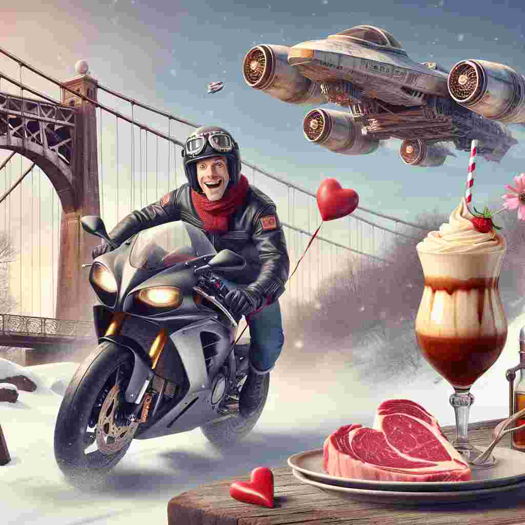 A humorous Valentine's Day image portrays a joyful Caucasian mechanic wearing a helmet and goggles, test-driving an impressive sports motorbike. Providing an iconic backdrop is a historically significant suspension bridge. Adding an air of fantasy, an imaginative interstellar spacecraft soars above. Balancing the scene, a savored drink with suggestions of vanilla, reminiscent of ice cream, sits elegantly on a side table. Front and center, a heart-shaped steak symbolizes love in a playful manner. The entire scene is gently adorned by snow, lending it a warm, yet action-packed winter feel.
Generated with these themes: Black Labrador riding sports motorbike, Tyne bridge, X wing, Whiskey, Vanilla ice cream, Heart shaped steak, and Snow.
Made with ❤️ by AI.