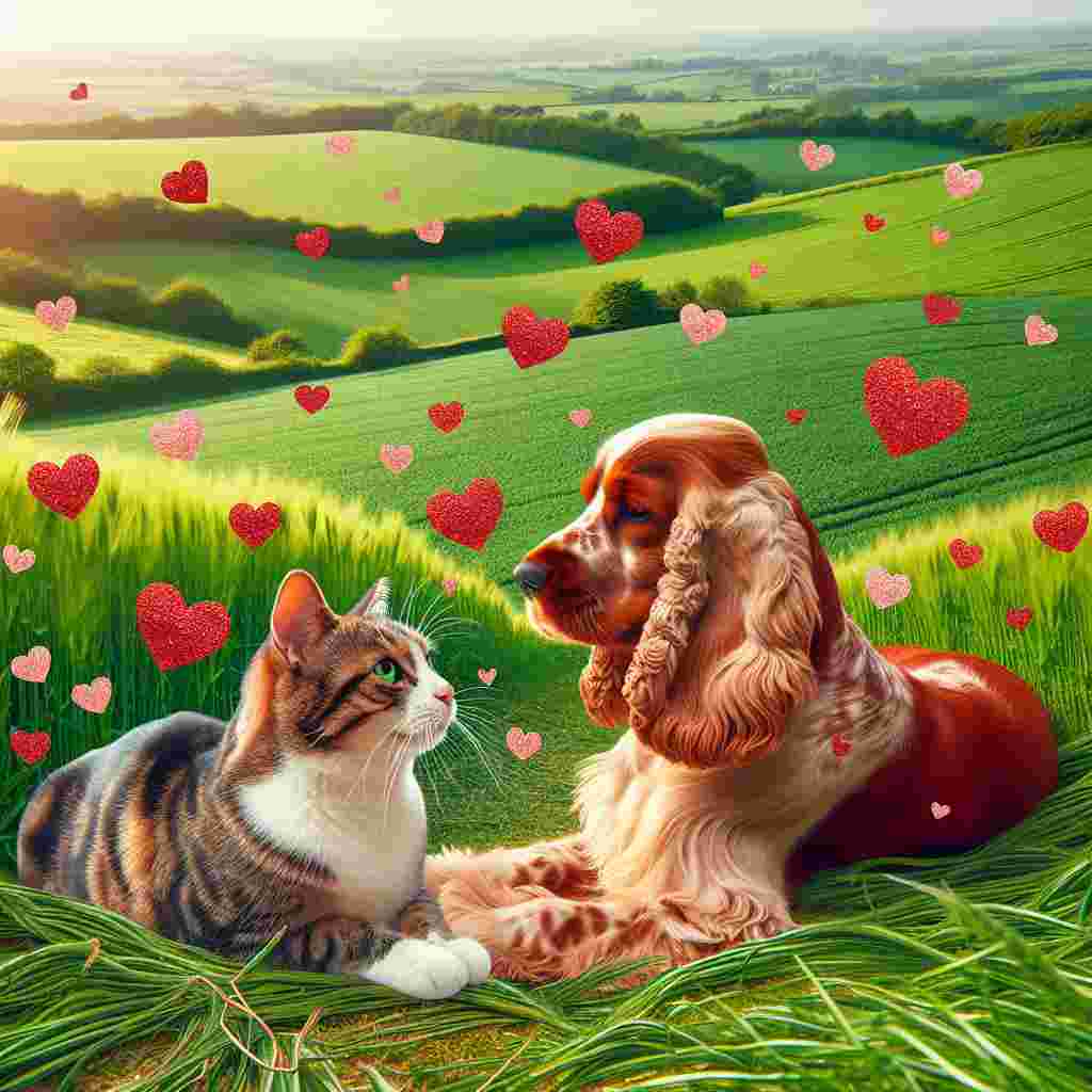 Create a charming Valentine's Day themed image with a red working cocker spaniel and a tabby and white cat relaxing together in verdant green fields. The cat, characterized by distinctive tabby patterns and patches of white, tenderly leans towards the spaniel, whose red coat radiates under the gentle sunlight. Together, they admire the vast sprawling greenery surrounding them in a depiction of a peaceful friendship. To heighten the romantic ambiance, incorporate small hearts drifting down from the sky, adding sweet elements of love to the bucolic landscape.
Generated with these themes: Red working cocker spaniel, Tabby and white cat, and Green fields.
Made with ❤️ by AI.