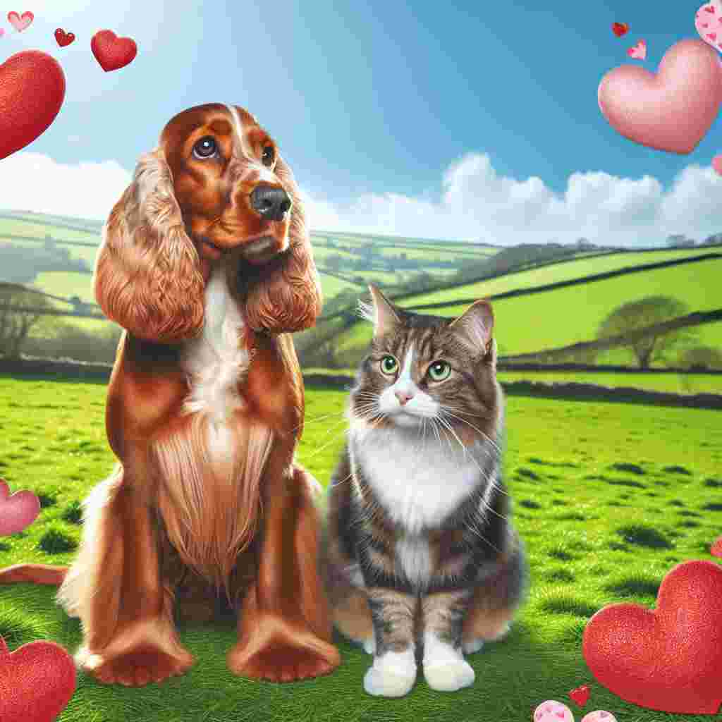 Create a Valentine's Day-themed illustration featuring a charming red working cocker spaniel and a tabby and white cat. They are pictured sitting side by side in verdant green fields, framed by rolling hills. The spaniel's coat gleams with a glossy sheen, highlighting its health and vibrant color. The cat appears content, its whiskers twitching gently in the serene setting. The sky is a clear, bright blue and embellished with floating hearts to underscore the theme of love and companionship.
Generated with these themes: Red working cocker spaniel, Tabby and white cat, and Green fields.
Made with ❤️ by AI.