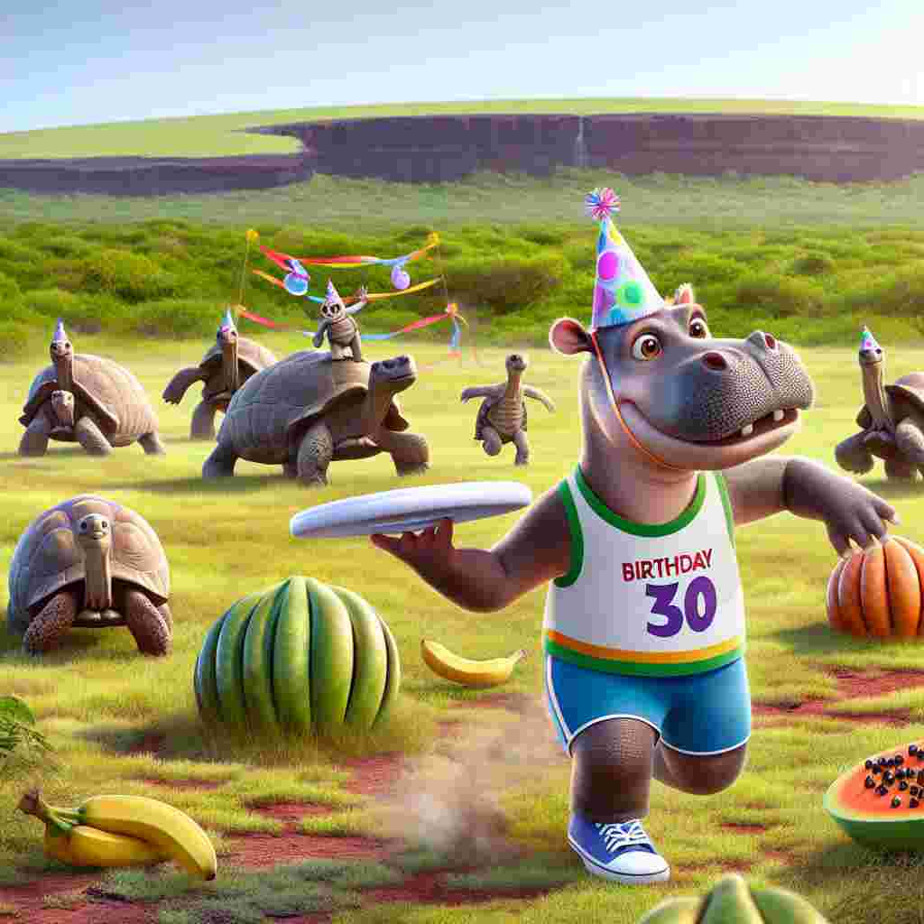 Imagine a fun scene taking place on the rich, green landscape of the Galapagos. In the foreground, there's a young hippopotamus clad in athletic attire and a colorful birthday ribbon, skillfully tossing a Frisbee. On the ground around are comical obstacles in the form of fruits like bananas and papayas. In the background, tortoises wearing party hats act as a lively audience, enthusiastically supporting the hippo's adventurous game of Ultimate Frisbee.
Generated with these themes: Sporty baby hippo, Ultimate Frisbee, Galapagos Islands, and Fruit.
Made with ❤️ by AI.