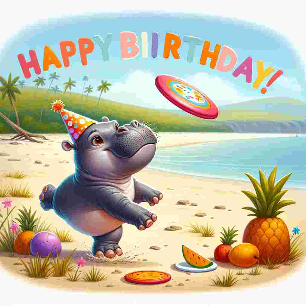 Create an amusing birthday card illustration, featuring a sporty baby hippo donning a party hat, showcasing its prowess in the game of Ultimate Frisbee on a sunlit beach in the Galapagos Islands. The hippo is mid-leap, aiming to catch a vibrantly colored Frisbee. Scattered playfully around the sandy vicinity are tropical fruits such as pineapples and mangoes, contributing to a festive atmosphere within the scene.
Generated with these themes: Sporty baby hippo, Ultimate Frisbee, Galapagos Islands, and Fruit.
Made with ❤️ by AI.