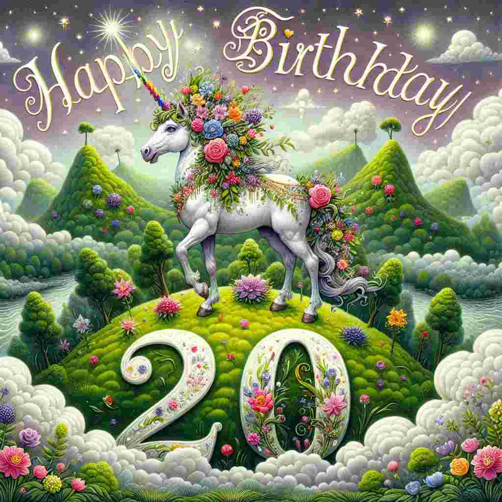 An endearing illustration showing a fantasy landscape where a majestic unicorn stands atop a hill, its mane decorated with flowers and the number '20'. Overhead, clouds form the words 'Happy Birthday', complementing the magical vibe of the artwork.
Generated with these themes: 20th  .
Made with ❤️ by AI.