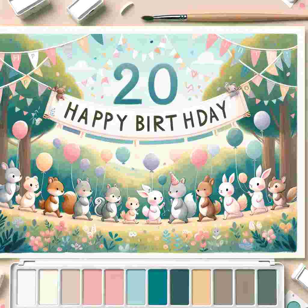 A delightful outdoor setting with a banner across the top spelling out 'Happy Birthday', while below, a parade of adorable woodland creatures marches by, carrying a large number '20'. The background is dotted with pastel birthday balloons and streamers.
Generated with these themes: 20th  .
Made with ❤️ by AI.