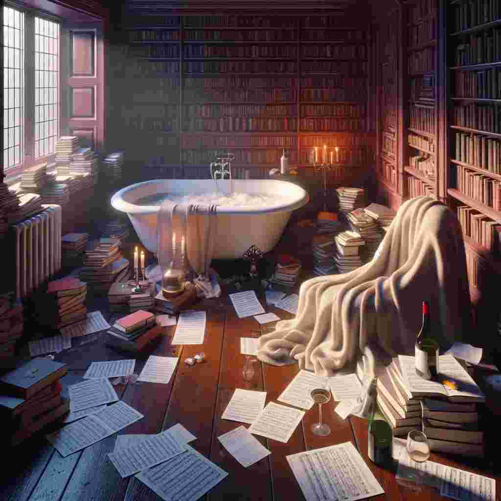 Render an image of an inviting room, cocooned in an aura of timelessness. Foreground a plush, unmade bed that exudes a sense of familial warmth. Paint this scene against a vast collection of books, their presence hinting at distant worlds and profound emotions. In this room, also place a bathtub filled with steamy water, a symbolic representation of serenity. Let a half-empty bottle of white wine sit close to the tub, evoking tales of stolen moments and cherished solace. Lay a Tesco receipt conspicuously on top of a soft blanket, uniquely serving as a bookmark in a riveting drama novel. Lastly, distribute sheets of musical scores around the room in a haphazard yet affectionate tribute to a shared passion for theatre. Curiously, no maternal figure is visible in the room, but everything in it pays a silent homage to the spirit of a Mother's Day celebration.
Generated with these themes: Baths, Books, Bed, Tesco, Wine, Musicals, and Family.
Made with ❤️ by AI.